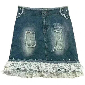 Lace Coquette Ruffle Rare Hangyi Jeans Midi Skirt